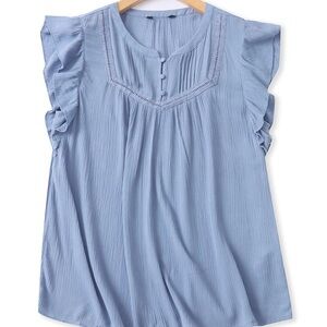 Blue Flutter short Sleeve Ruffle Blouse with Bib round crew neck sleeveless